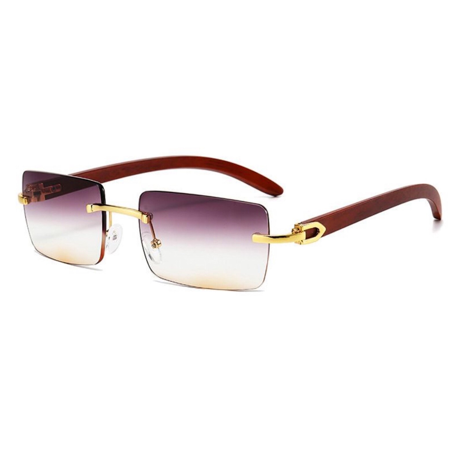 Retro Burgundy Gradient Tint Rimless Gold Frame Rectangle Woodgrain Sunglasses