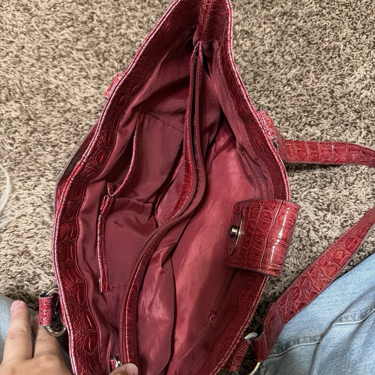 Red Crocodile Embossed Shoulder Bag Silver Hardware Zip, Turn Lock, Pockets