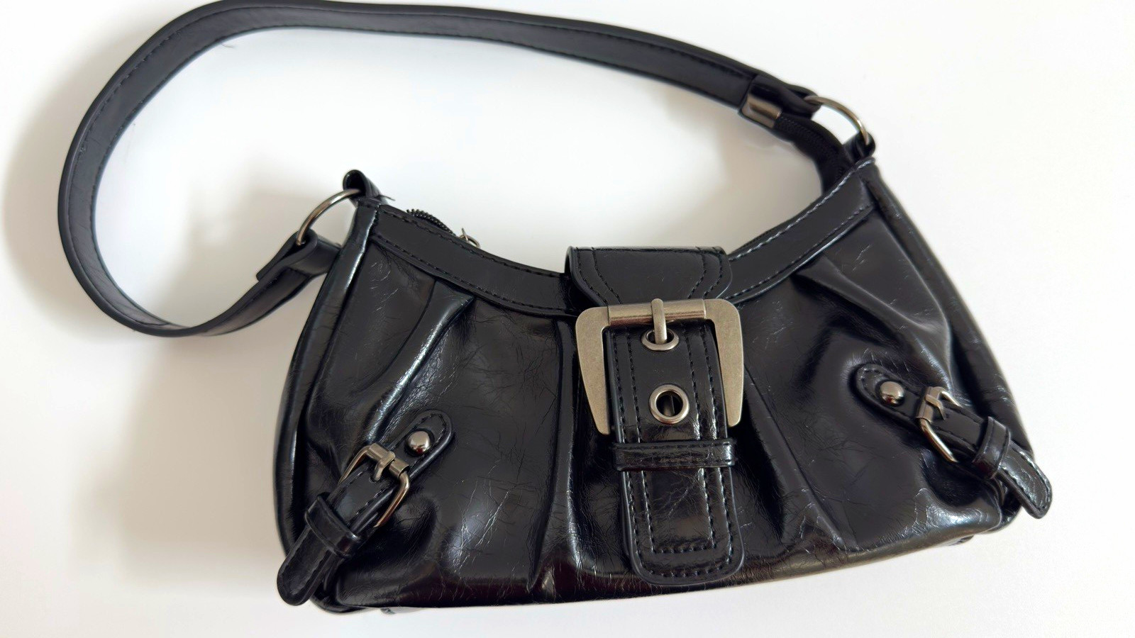 Black Shoulder Bag Zip Top Buckle Accent Adjustable Strap Silver Hardware