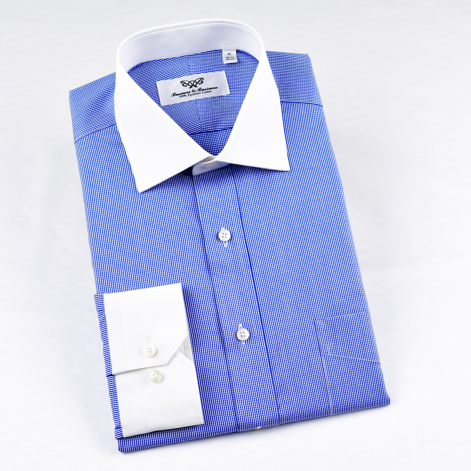 Mens Blue Gingham Contrast Double Ply 80’s Fine Wevon Formal Business Shirts