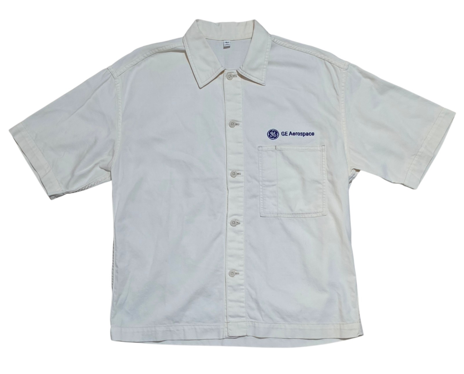 GE Aerospace GU Work Shirt Mens Small Ivory Cotton Short Sleeve Embroidered Logo