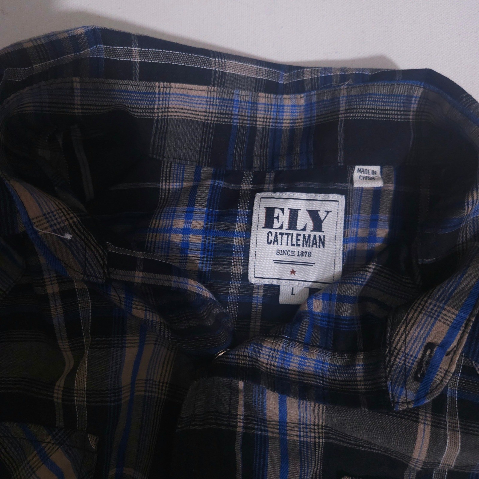 Ely Cattleman Mens Large Western Pearl Snap Shirt Blue Black Plaid Long Sleeve