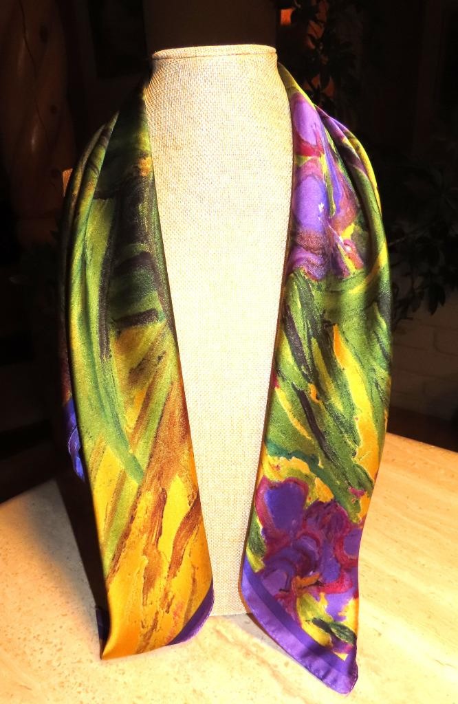 Square irises scarf; Van Gogh? purple gold brown green+ poly; NWT; 27×26.5 in.