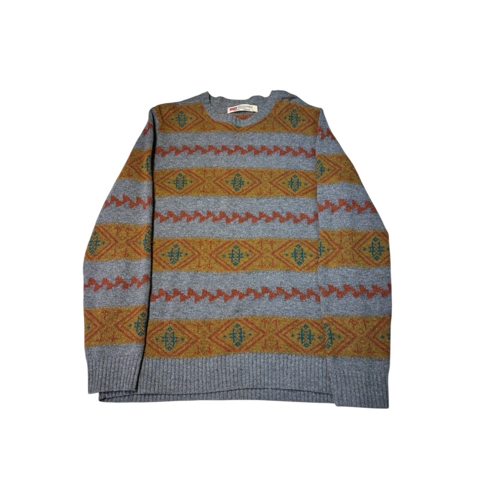 Levi Strauss Co Mens L Geometric Pattern Wool Blend Sweater Gray Orange