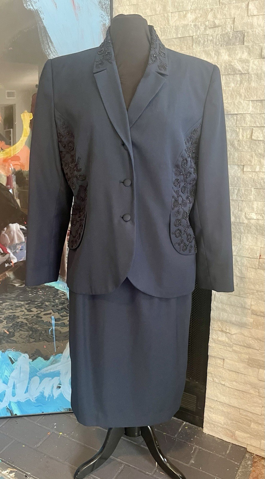 Morgan Miller Navy Blue Black Beaded Detail Skirt Suit Set Special Size 16