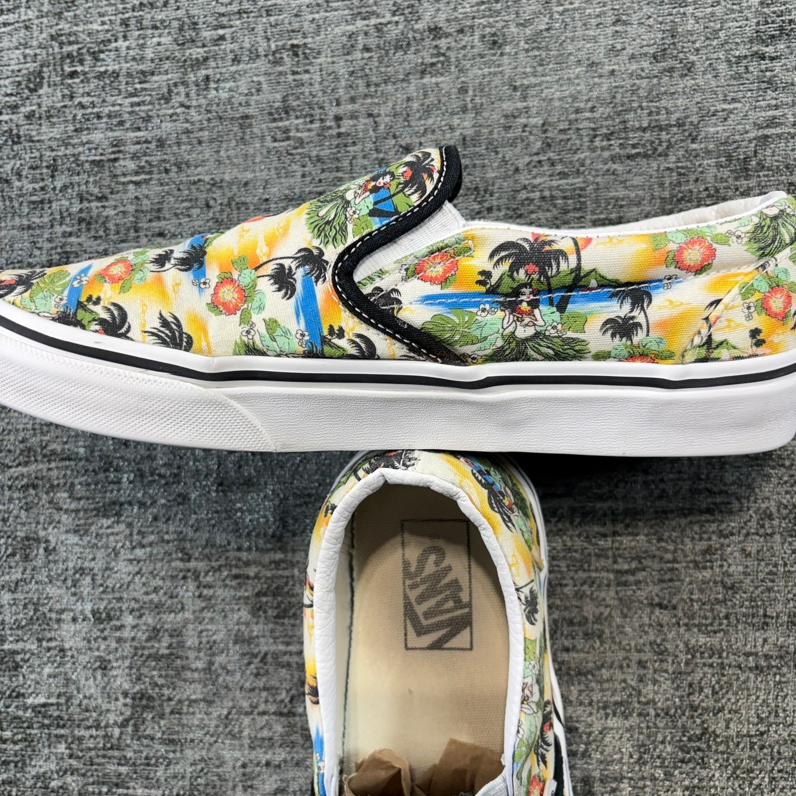Vans Slip On Unisex Men 8 Women 9.5 Multicolor Hula Girl Tropical Beach Sunset