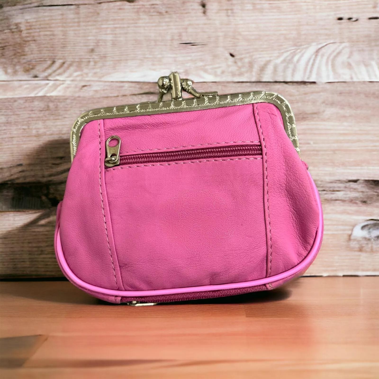Pink Genuine Leather Woman Coin Purse Double Frame Change Wallet