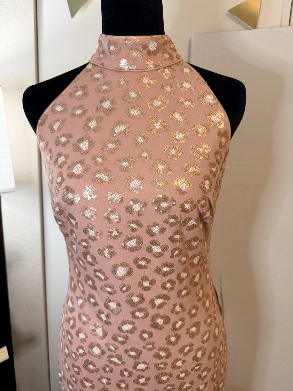Sho by Tadashi Shoji Leopard Print Sequins Pale Rose Gold Halter Midi Dress S