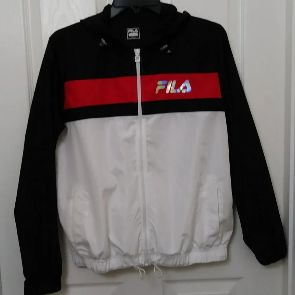 FILA Selma Windbreaker Hoodie Jacket Black White Red Zippered Women’s Size Small