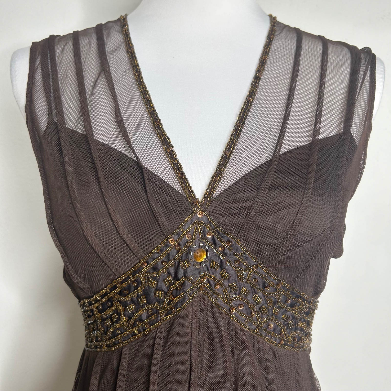 ECI Whimsigoth Dress 8 Brown Beaded Sequin Sleeveless Mesh Retro 20s Midi