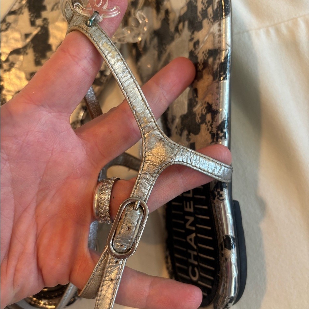 CHANEL Silver T-Strap Sandals with Clear Lucite Chain , Size 35