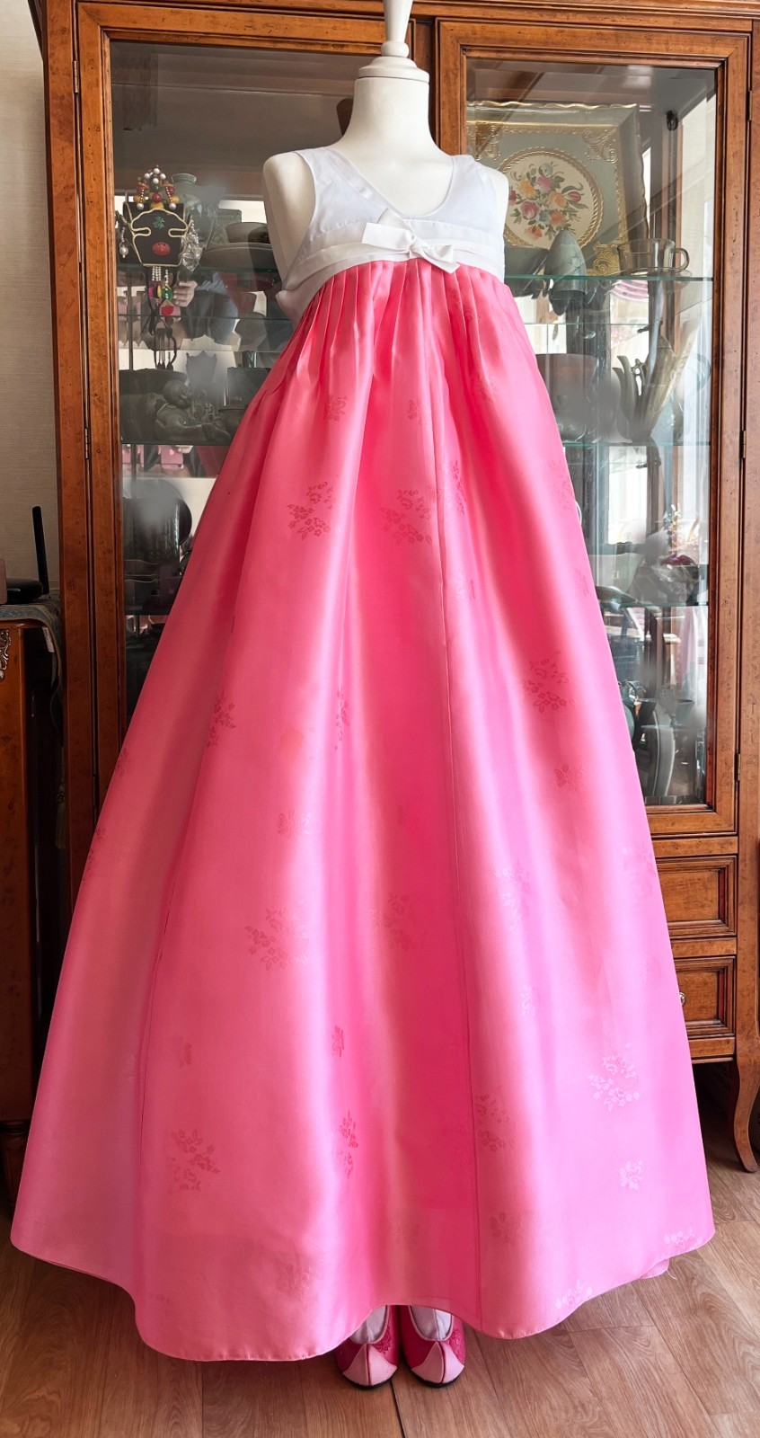 Premium Silk Traditional Korean Hanbok Dress–Light Blue & Pink/Hand bag / Junior
