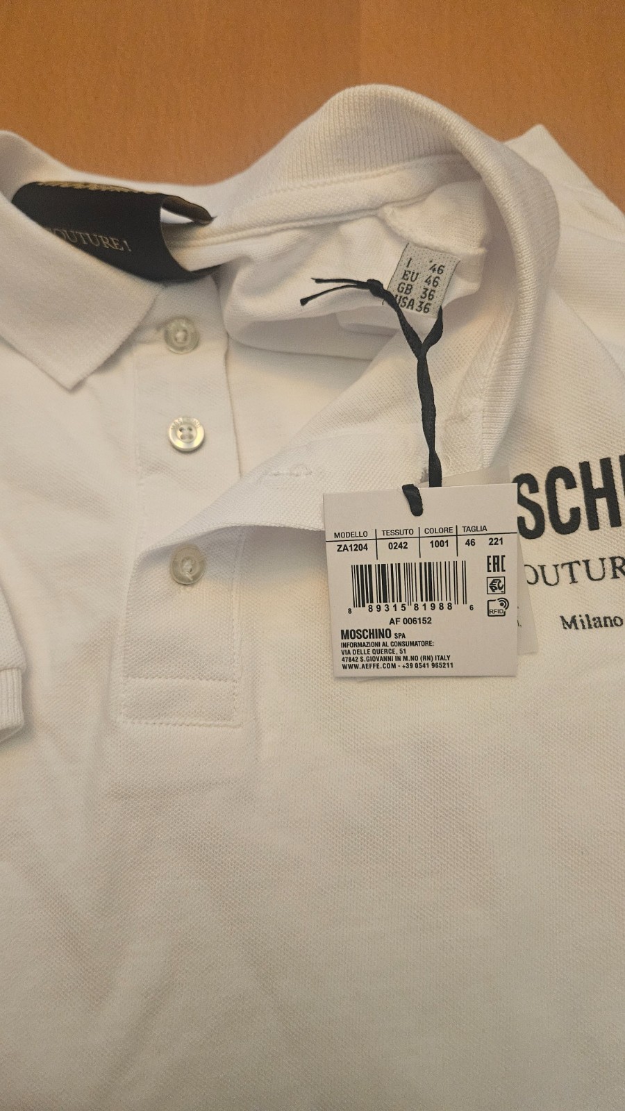 MOSCHINO Couture Milano Logo Polo Shirt White Mens Size Small IT 46, USA 36 NWT