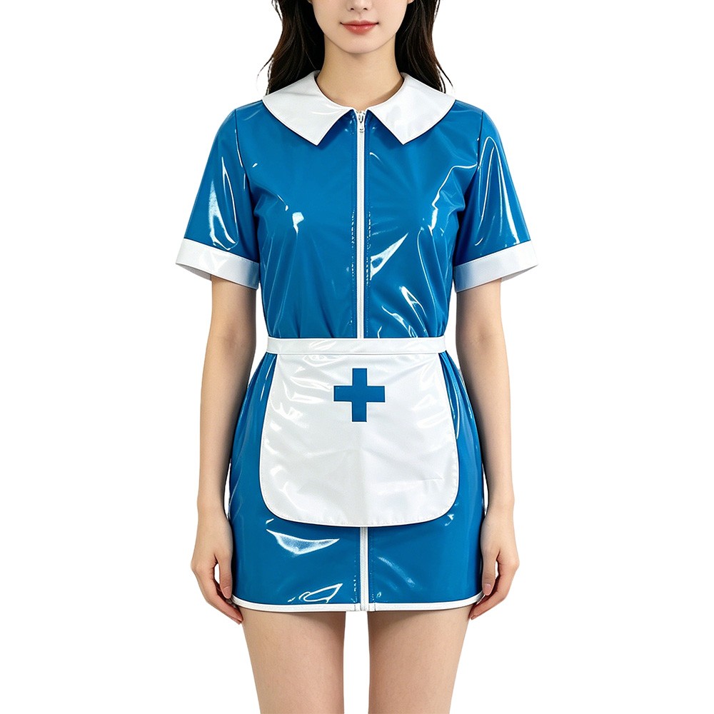 Women Shiny PVC Wetlook Nurse Apron Dress Sexy Short Sleeve Bodycon Mini Dress