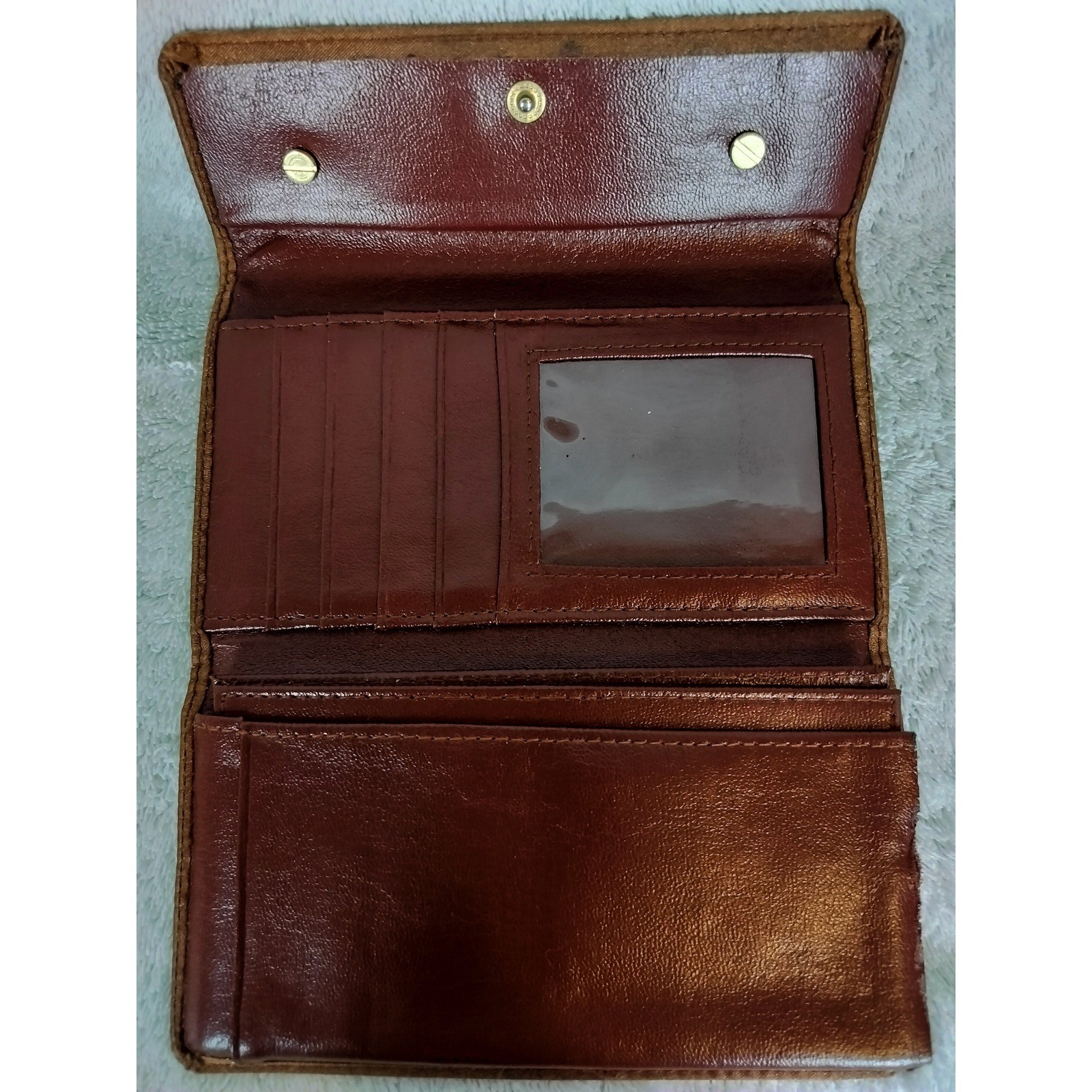Vintage Moschino Satin Logo Plaque Tri-Fold Wallet Womens Brown Bronze 90s