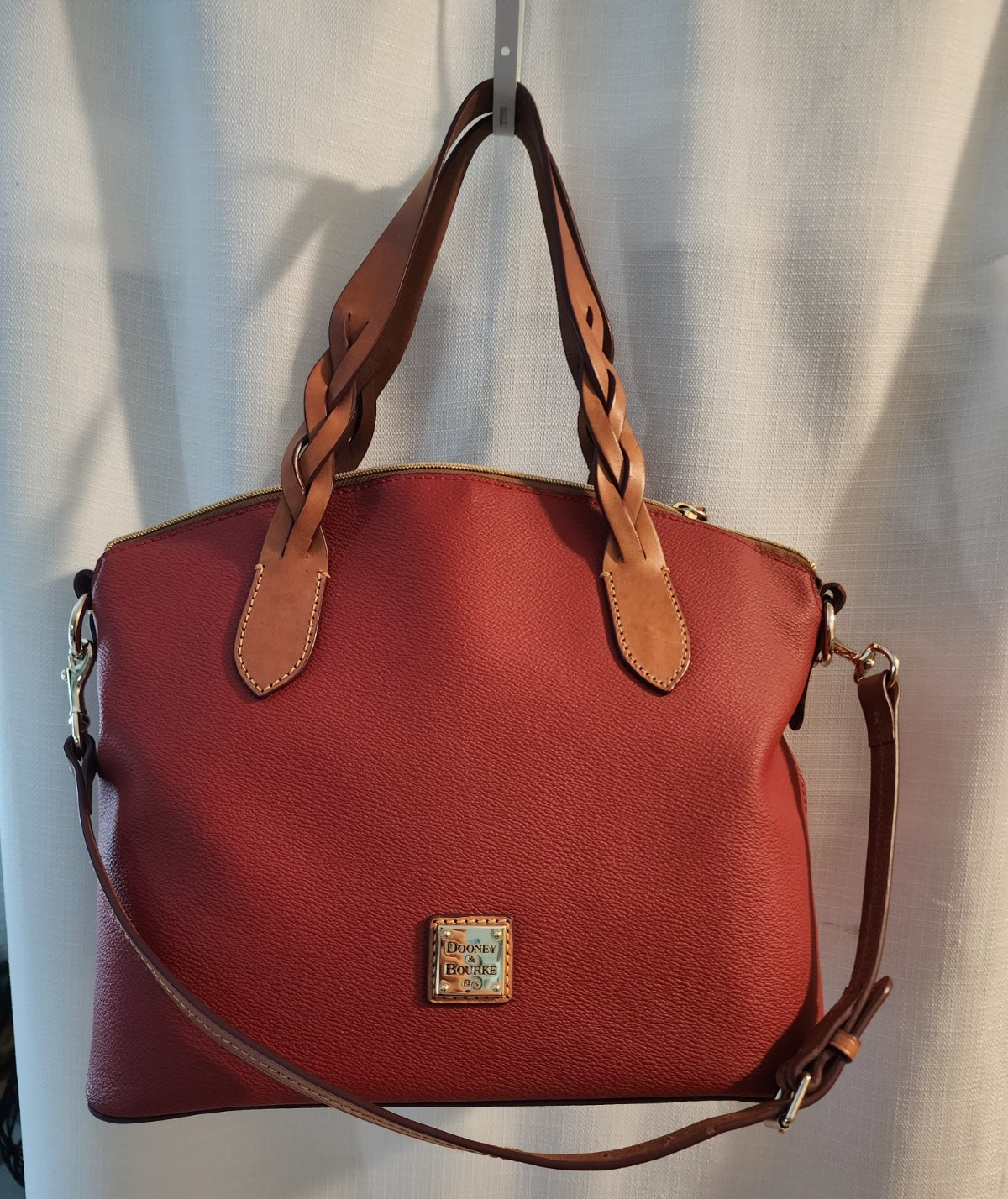 Dooney & Bourke Red Pebbled Satchel Double Handles Zip, Detachable Strap Gold