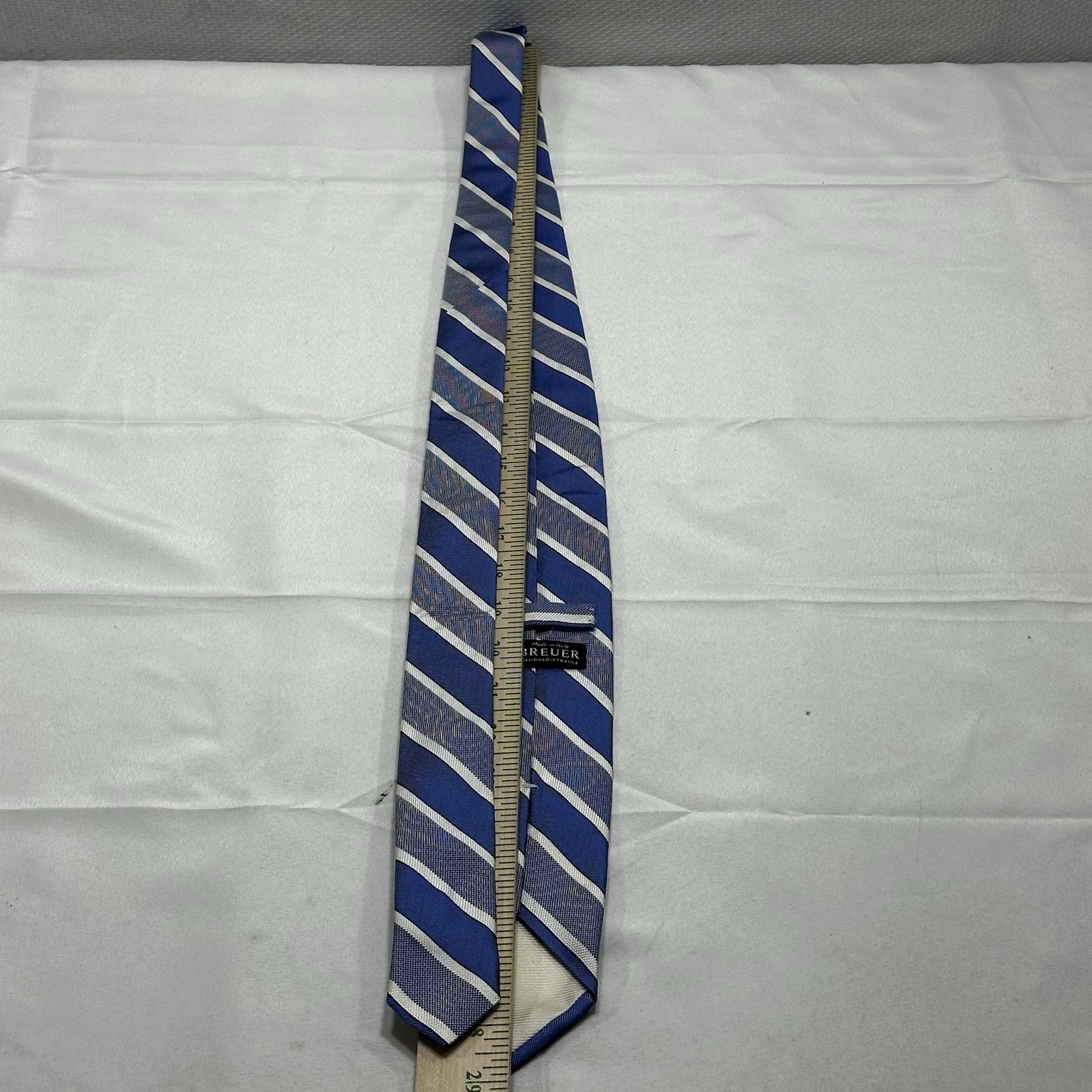 BREUER Men’s 100% Silk Necktie Designer Tie Blue White Striped L: 57” x W:3 1/8”