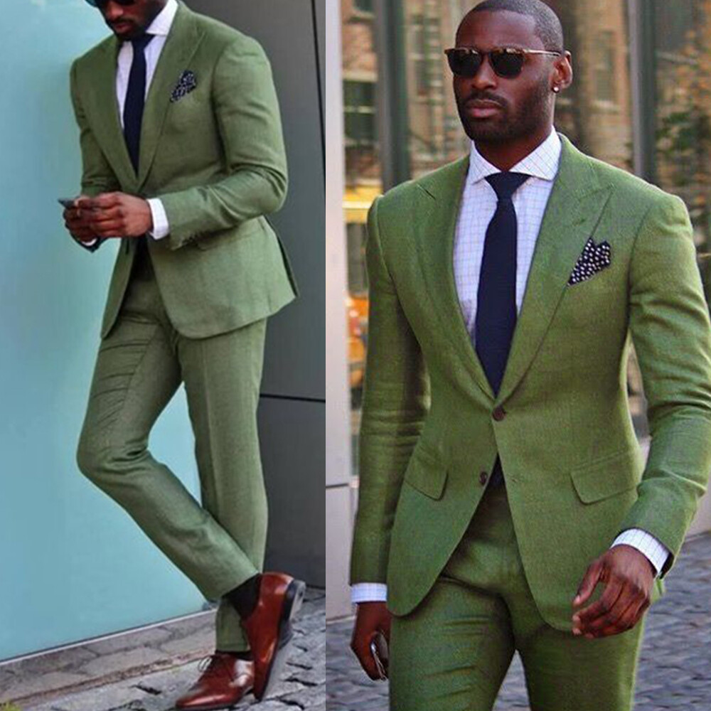 Green Linen Men Suit 2 Piece Business Office Blazer Pant Set Wedding Groom Wear