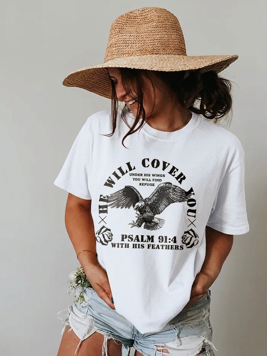 He Will Cover You With His Feathers Shirt Psalm 91:4 Eagle Christian Graphic Tee