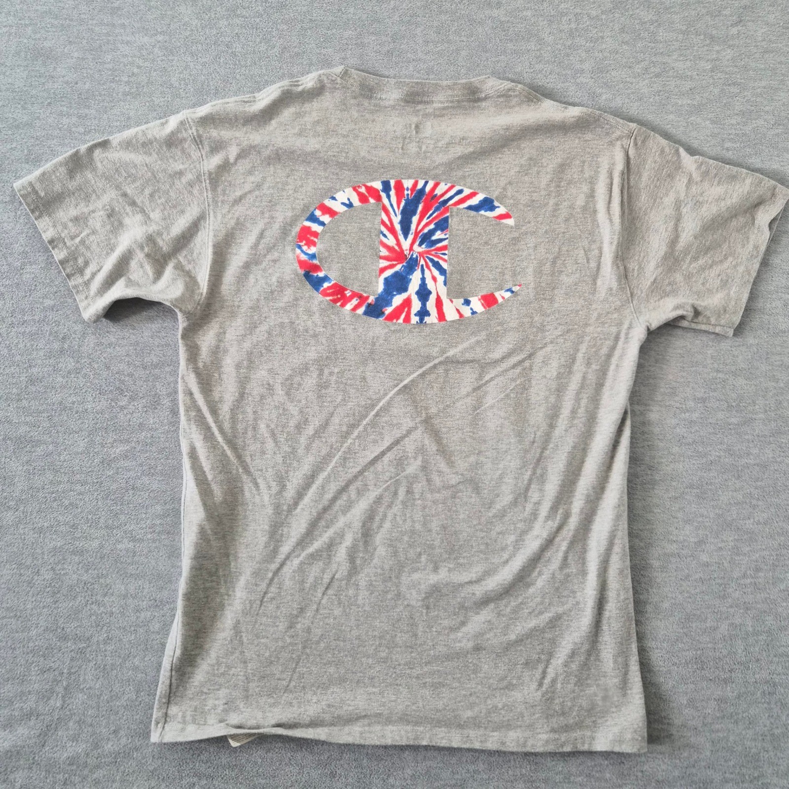 Champion Mens Gray T-Shirt Big C Tie Dye Logo Red White Blue Size M GT23H 806