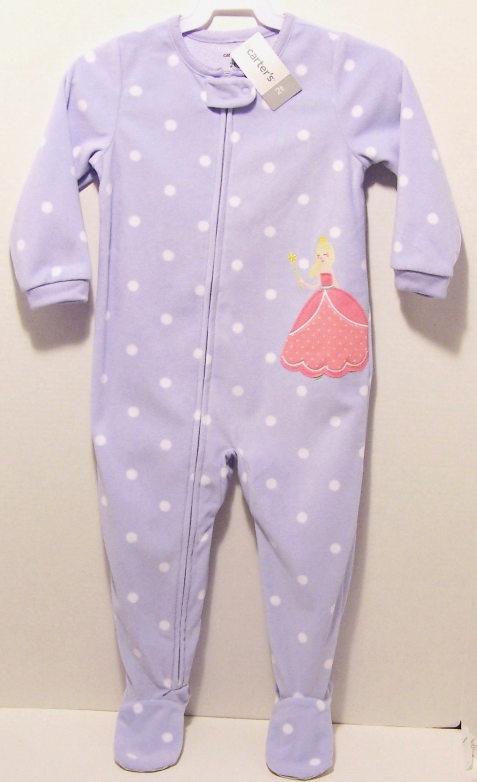 New CARTERS 1pc FLEECE Zip FOOTED Blue White Dot PRINCESS PAJAMAS PJs 24 months