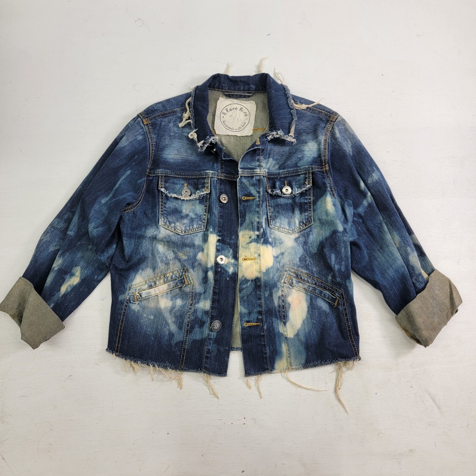 A Rare Bird Handmade Original Distressed Acid Wash Denim Jacket Adult Sz S/M EUC