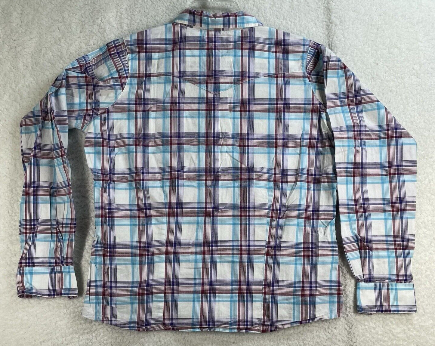 Wrangler Blues Shirt Womens Sz Large Red Blue Purple Plaid Western Pearl Snap