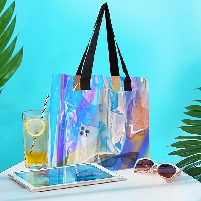 Holographic Clear Tote Bag – Iridescent Beach Bag with Handles – 13″X3.9″X11.8″