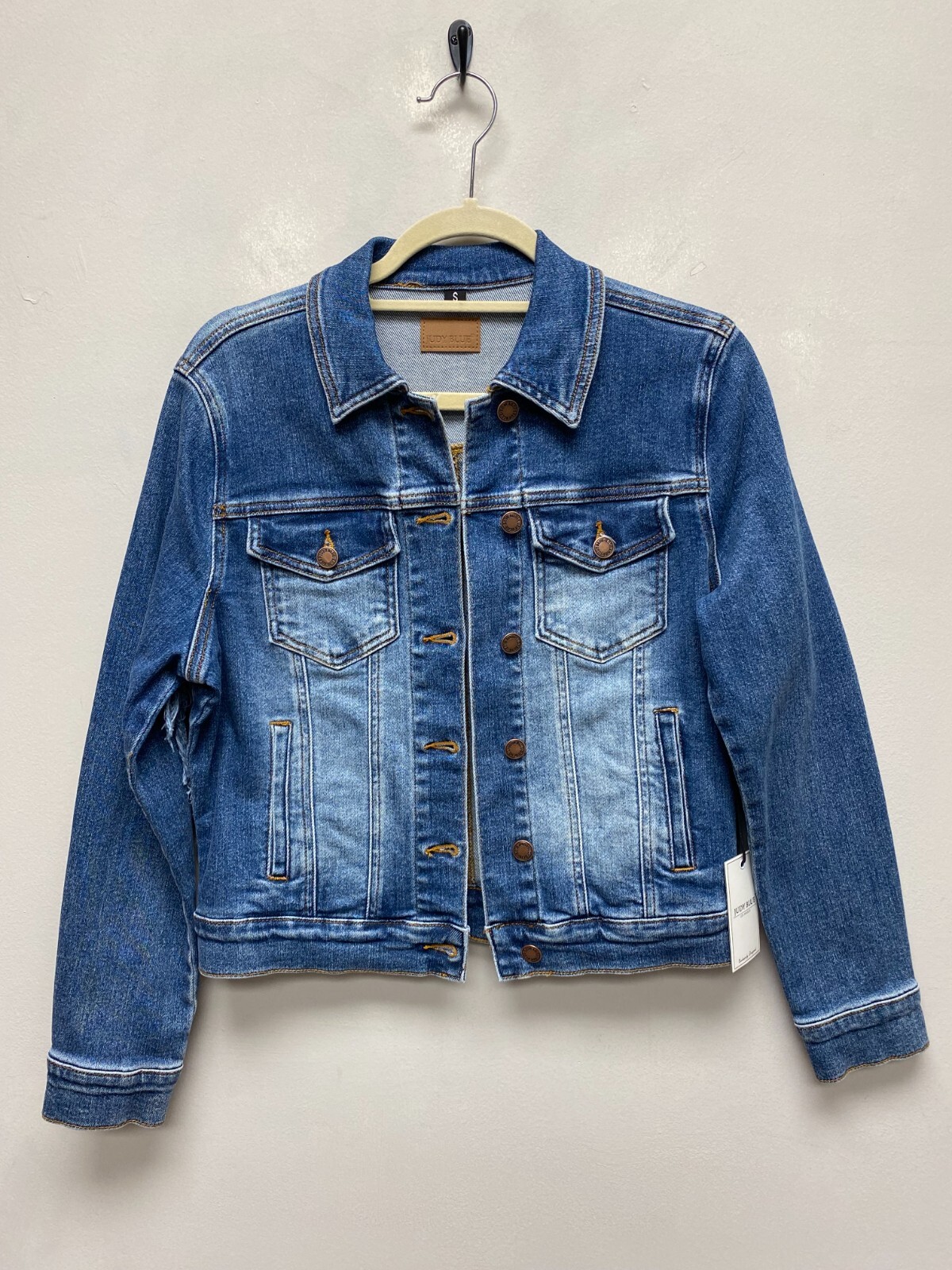 Judy Blue Womens Dark Blue Distressed Fringe Back Denim Marcia Trucker Jacket S