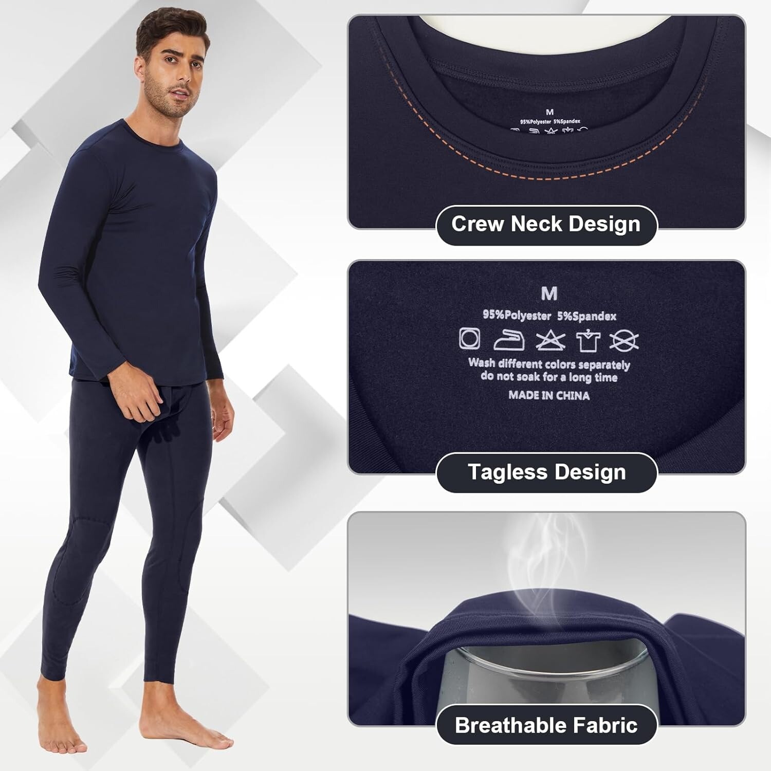 Men Thermal Long Sleeve Undershirt Keep Warm Fleece Lined Long John Thermal Sets