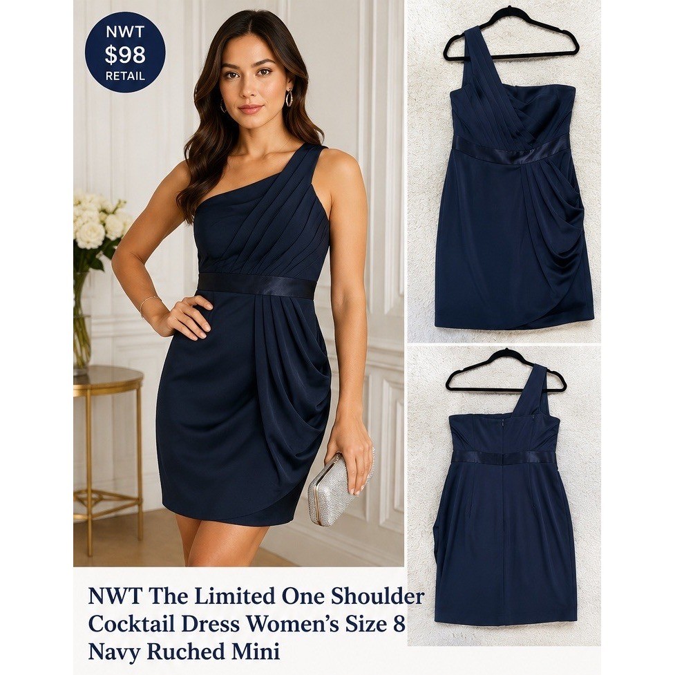 The Limited One Shoulder Cocktail Dress Womens Size 8 Navy NWT Ruched Mini