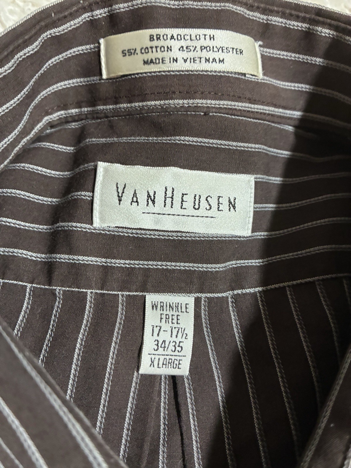 Van Heusen Wrinkle Free Broadcloth Striped Dress Shirt XL 17-17.5 34/35 Brown