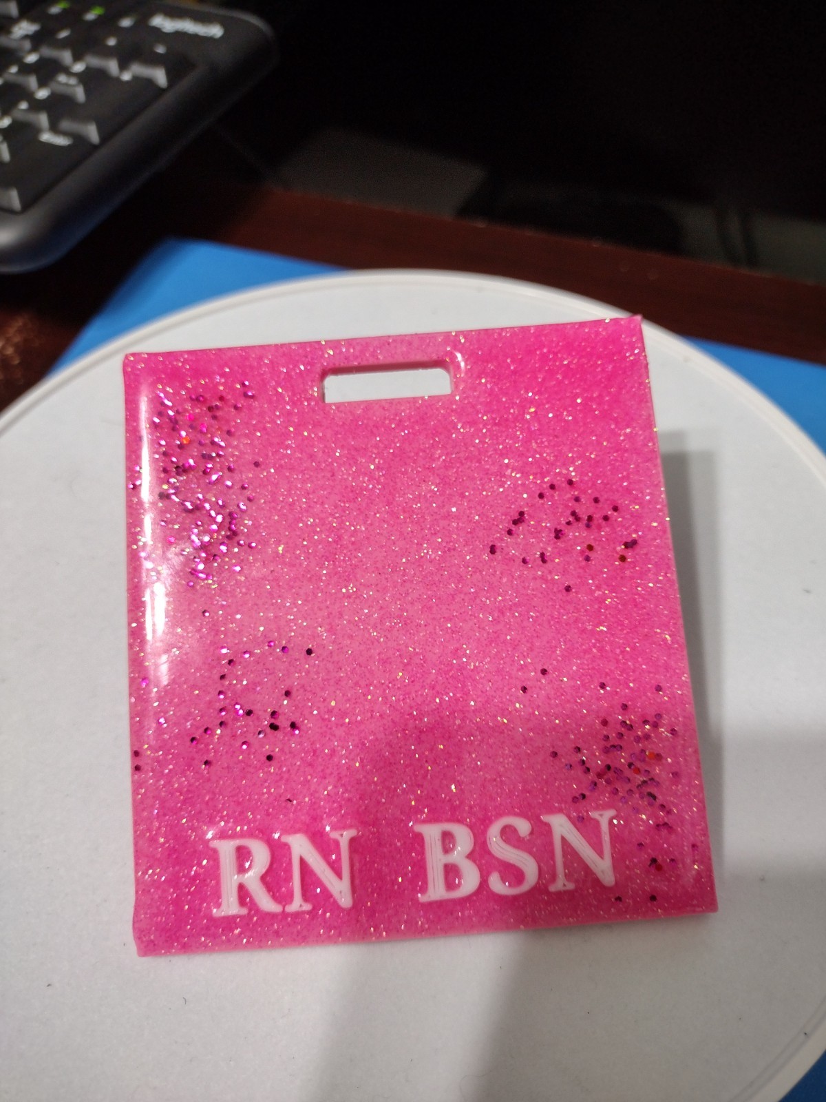 Badge Buddy or Buddy Badge With Your Title of RN BSN. With pink glitter design