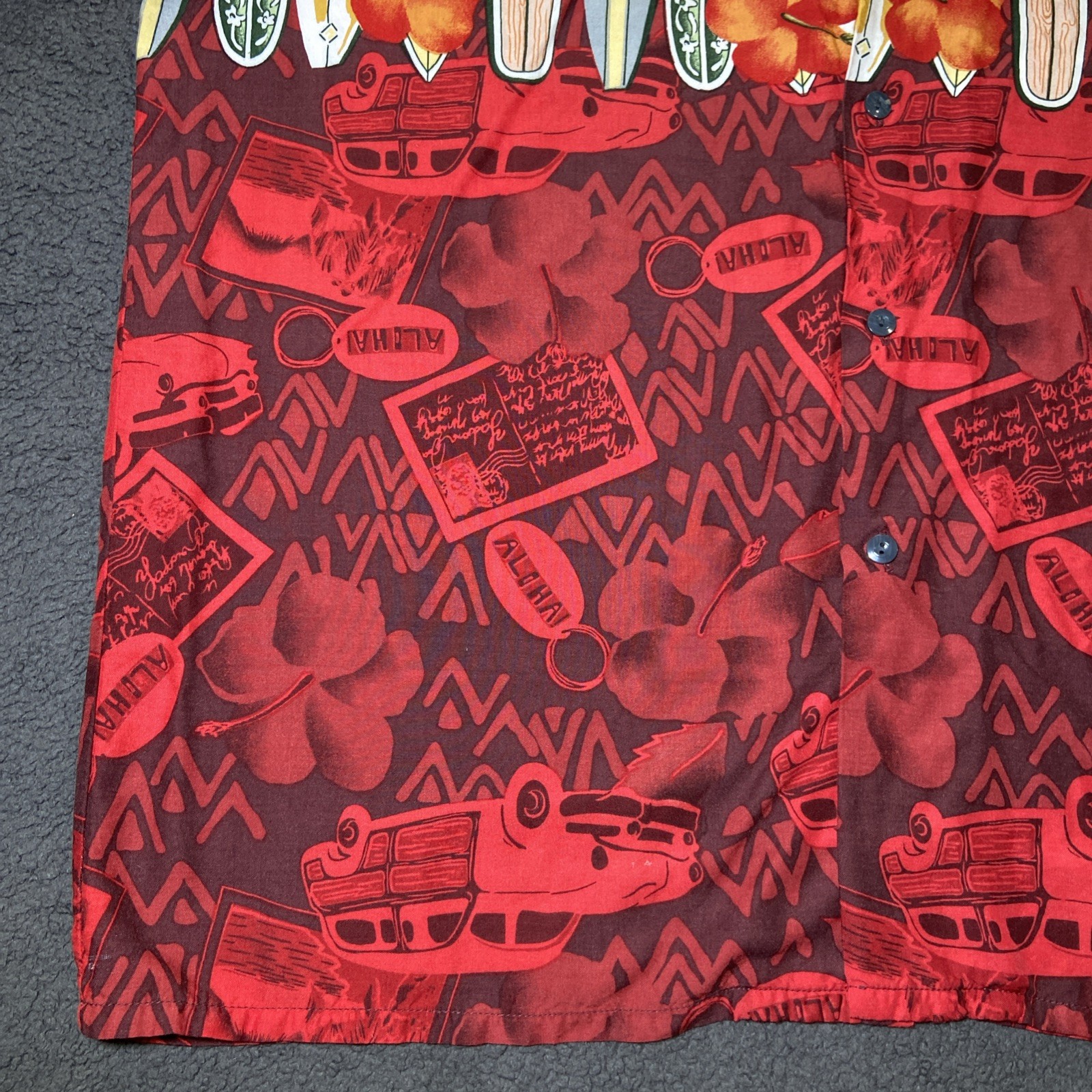 Vintage Pineapple Connection Hawaiian Shirt Men Size XL Rayon Surfing Boards Red