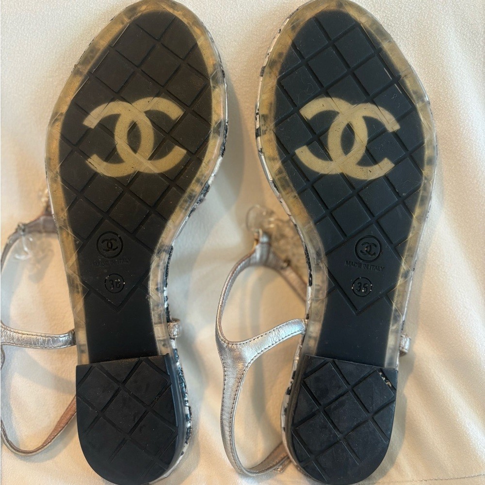 CHANEL Silver T-Strap Sandals with Clear Lucite Chain , Size 35