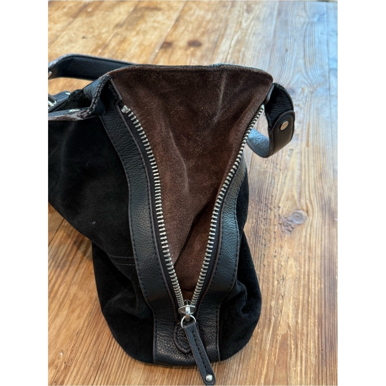 Tignanello Y2K Black Brown Zipper Suede Leather Hobo Womens Shoulder Handbag EUC