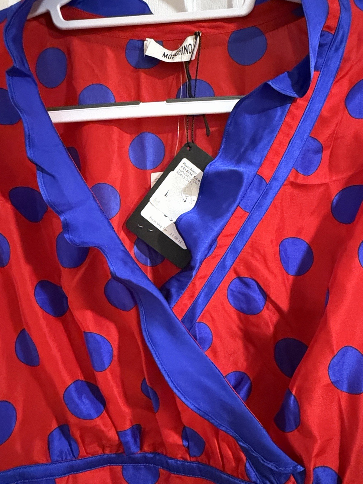 Moschino NWT 100% Silk Polka Dot Ruffle Faux Wrap Dress IT 46 US 10