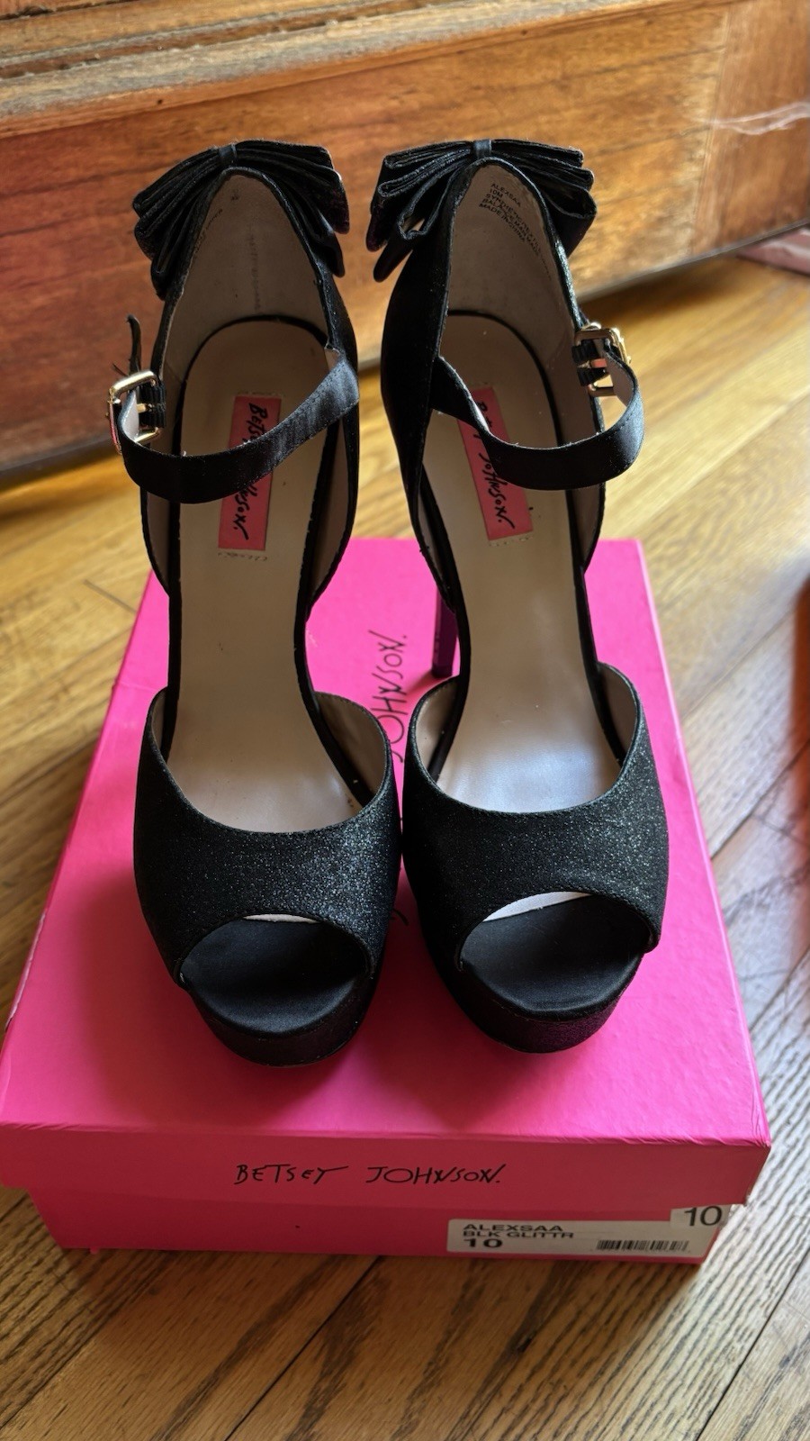 Betsy Johnson Alexxa Black Glitter Pepto Ankle Strap Heels Size 10