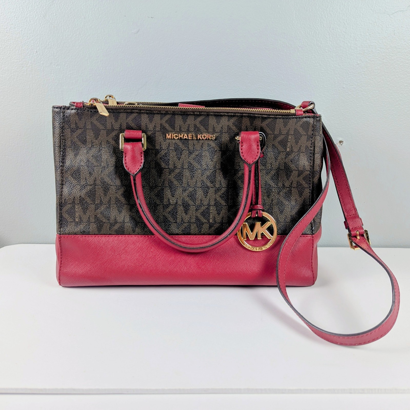 MICHAEL KORS Savannah Large Handbag Signature Brown & Red Colorblock Leather
