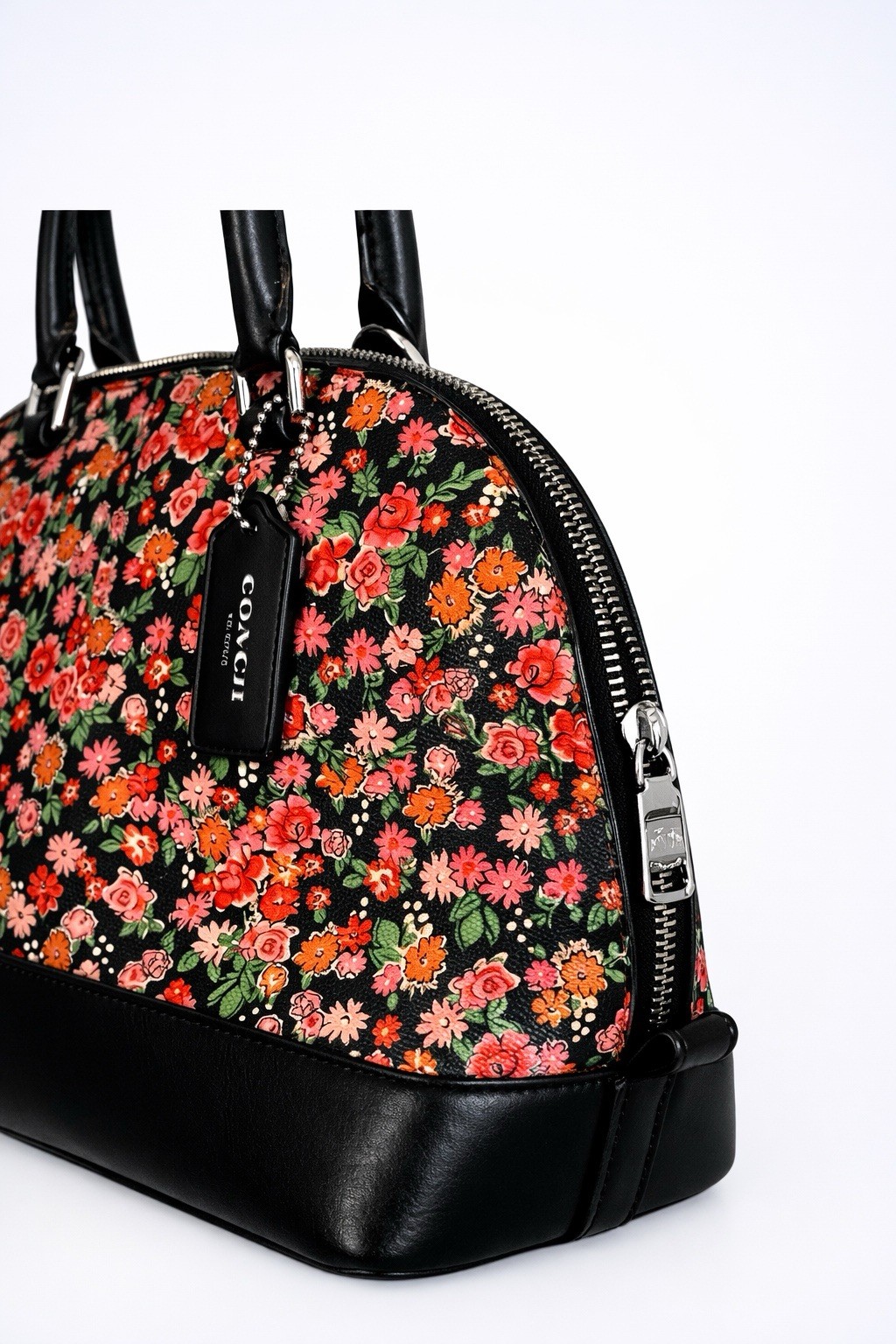 Coach Authentic F57622 Black Pink Posey Cluster Floral Domed Sierra Satchel Bag