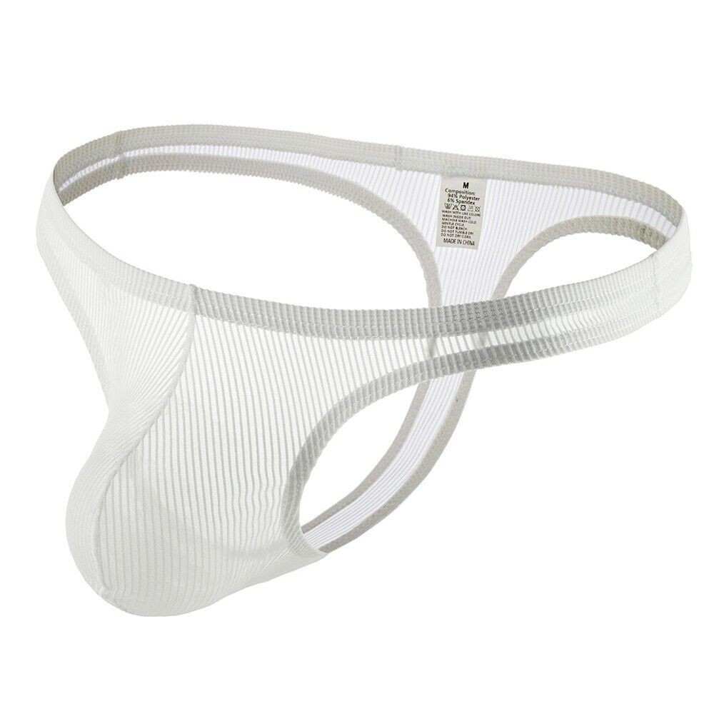 MENS SEE-THRU MESH STRIPED THONG-WHITE (MEDIUM 30-34)