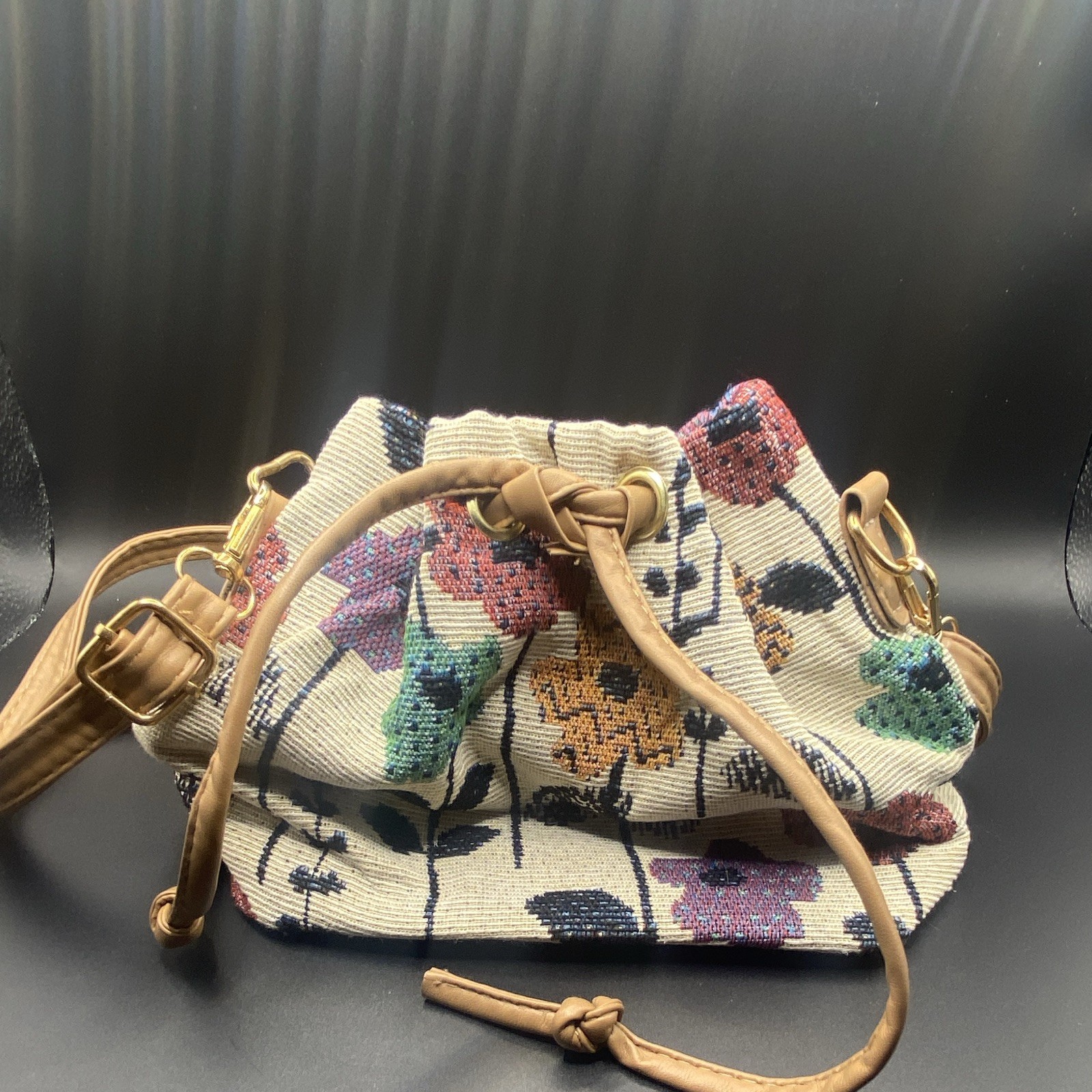 Floral Drawstring Small Crossbody Bag Lined Beige Multicolor Tan Strap