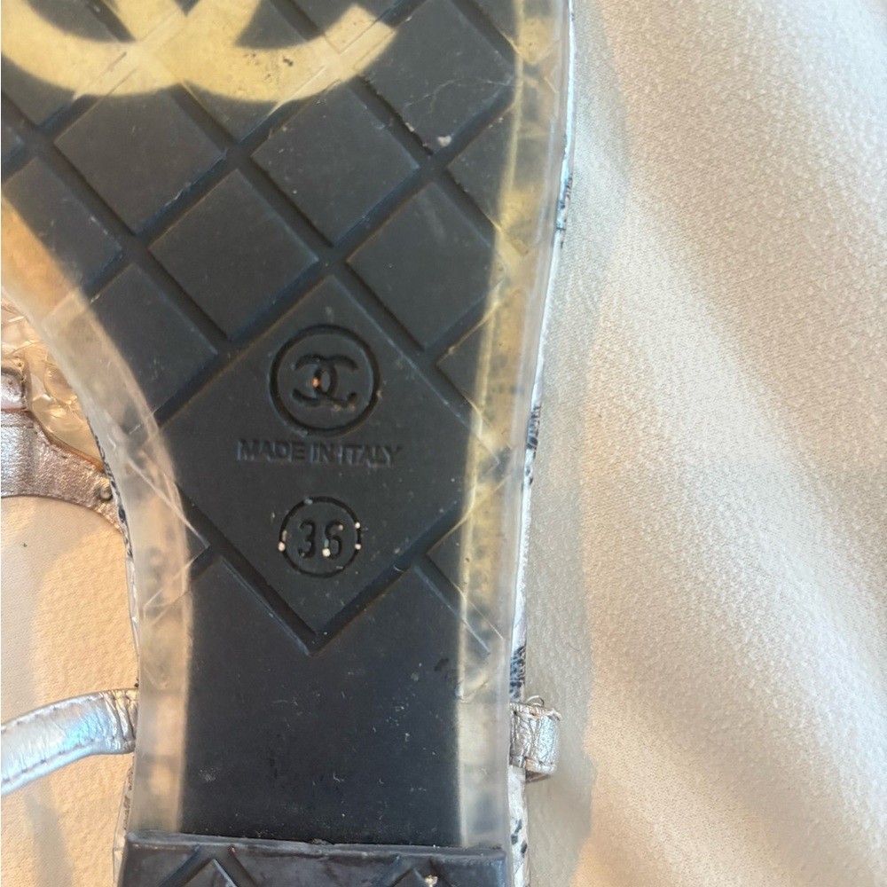CHANEL Silver T-Strap Sandals with Clear Lucite Chain , Size 35