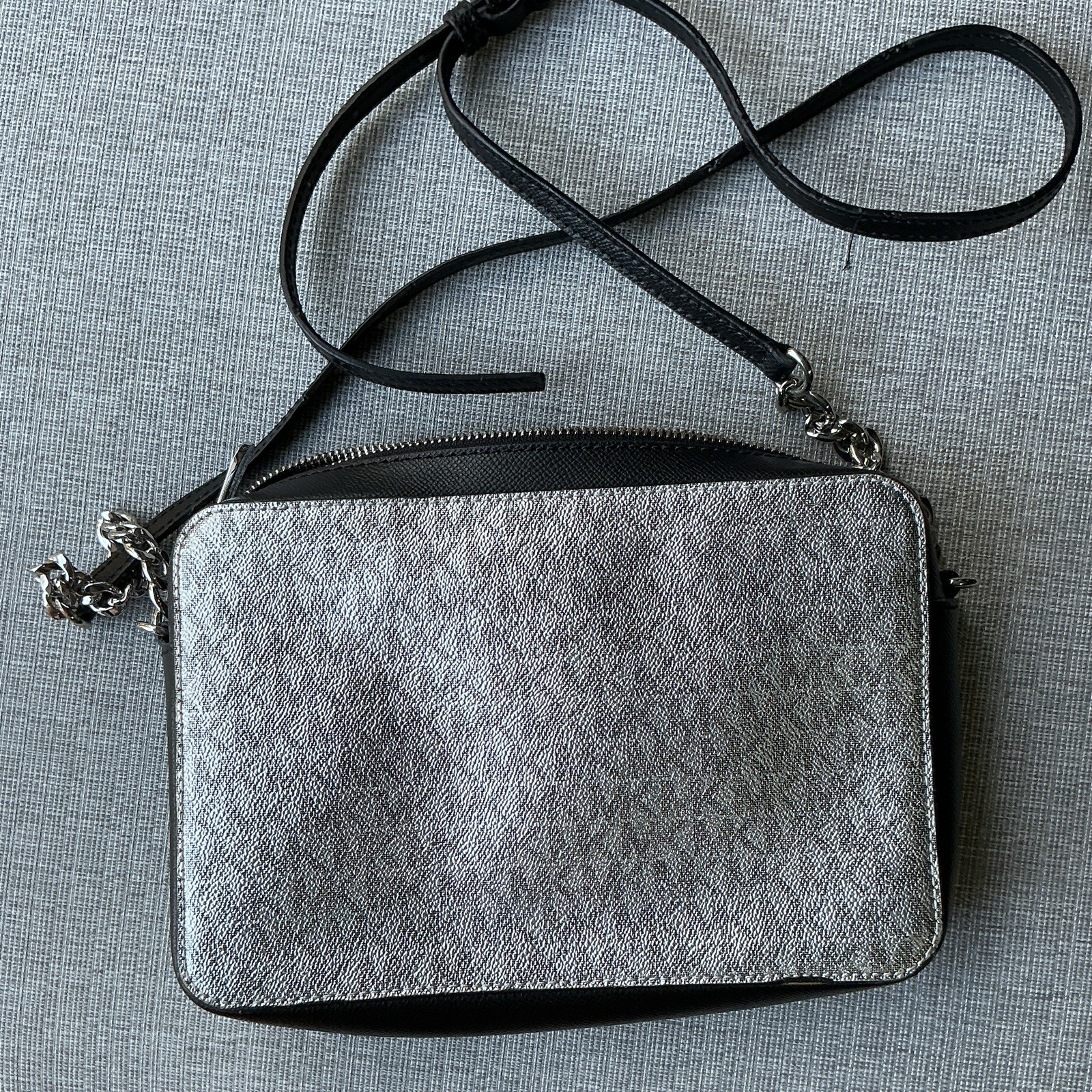 Michael Kors Silver Logo Crossbody Bag Zip Chain Black Strap