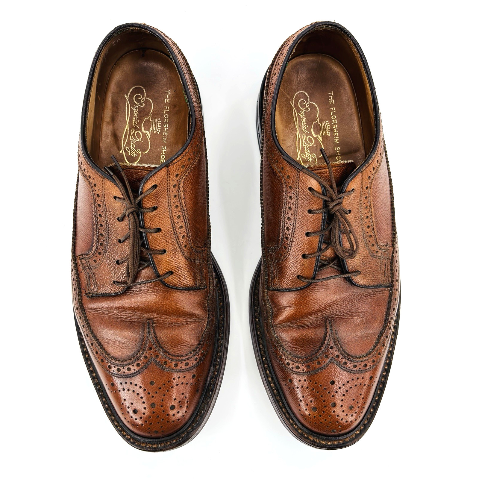 Men 9 D Vintage Florsheim Imperial Long Wingtip Dress Shoe Brown Leather V Cleat