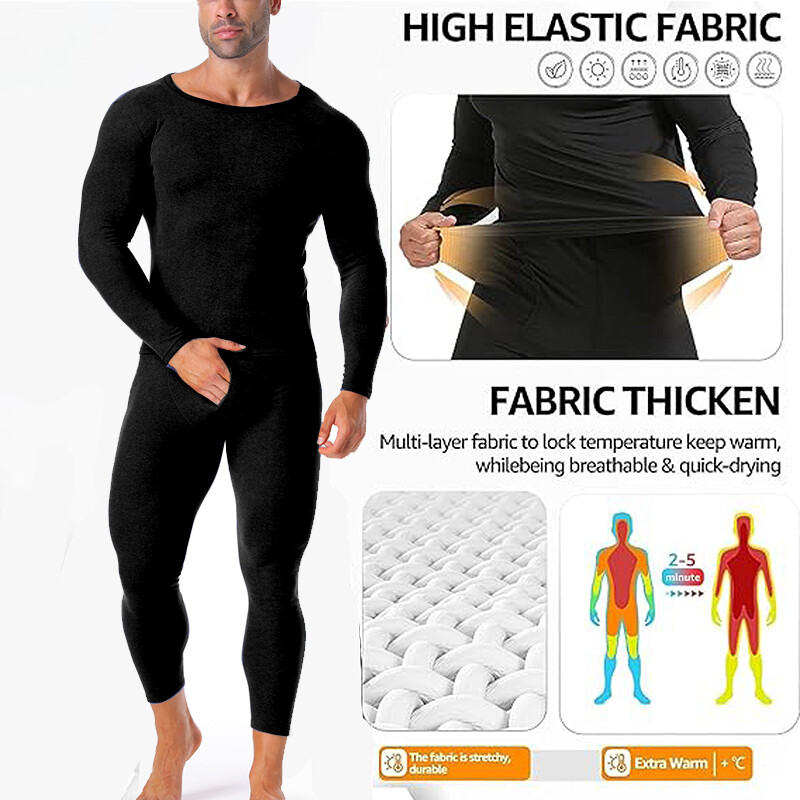 Men’s Long Johns Set Fleece Lined Thermal Underwear Top Bottom Set Winter Warm