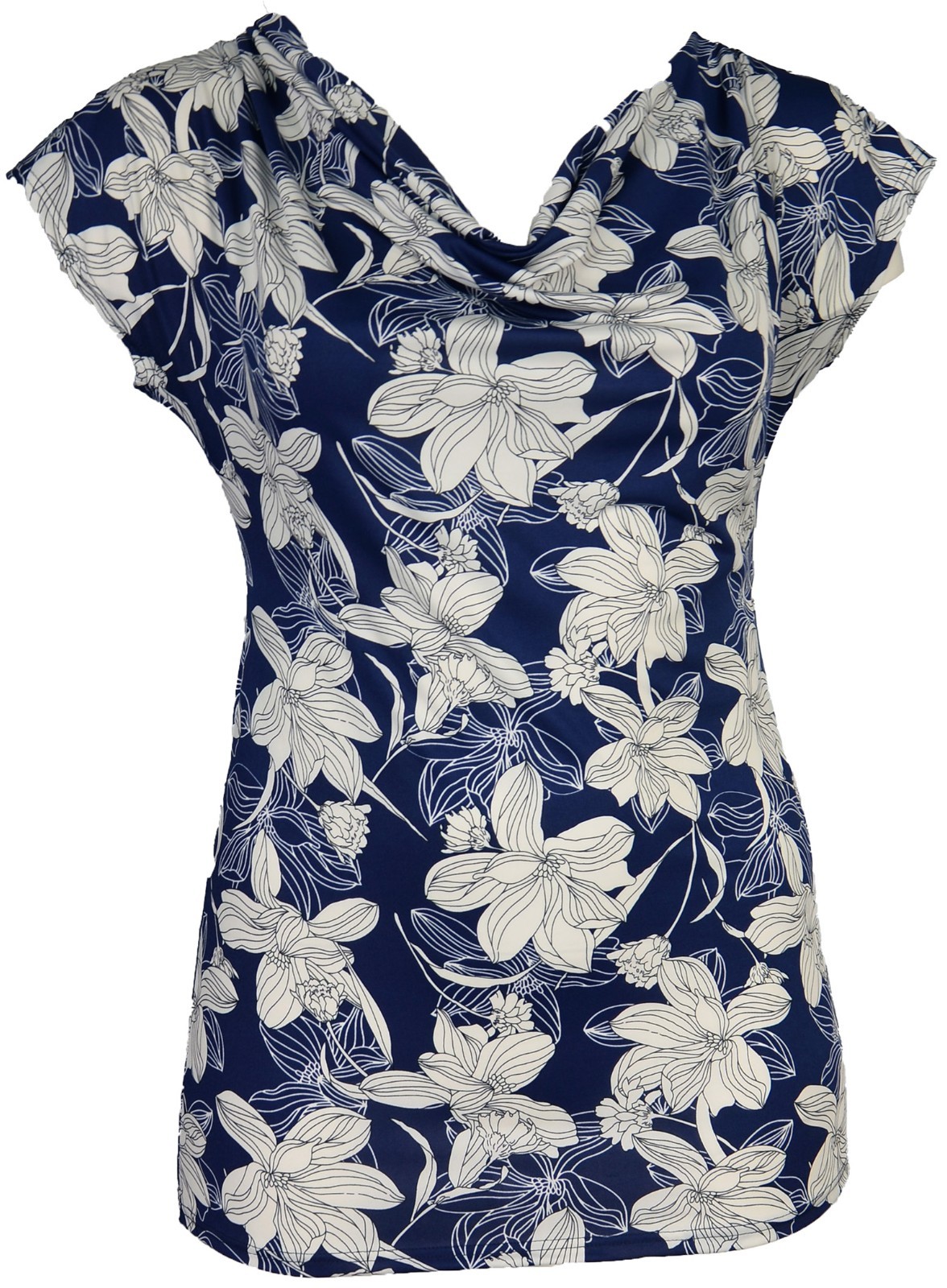 Dark Blue White Floral Print Cowl Neck Cap Sleeve Top Soft Stretch Fabric Ladies