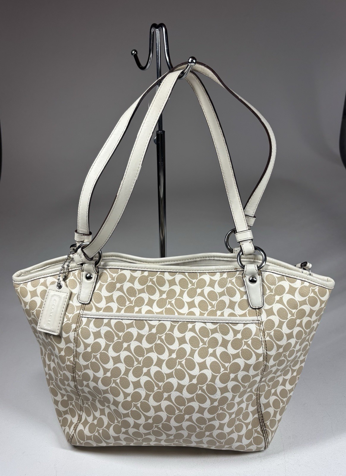 Coach Signature Leah Large Shoulder Tote Bag Khaki White 15135 Handbag Purse