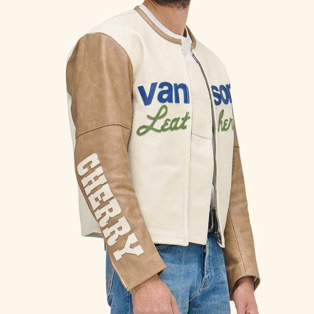 Che rry X Vans on Moto Star Leather Jacket USA White/Tan Motorcycle Fashion NYC