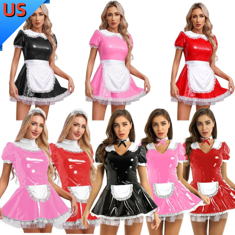 US Womens PVC Leather French Maid Cosplay Costume Dress Halloween Fancy Dress